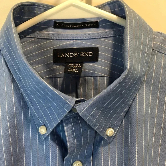 Lands End Mens 16.5-34 Blue White Stripe Shirt Pinpoint Oxford Tailored Fit L/S - Picture 4 of 6